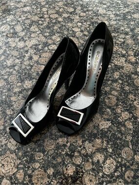 BCBGirls Black Patent Peep-Toe Heels with Silver Buckle